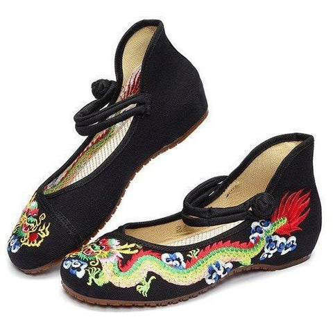 Vintage National Wind Chinese Embroidered Dragon Mary Janes Flat Shoes