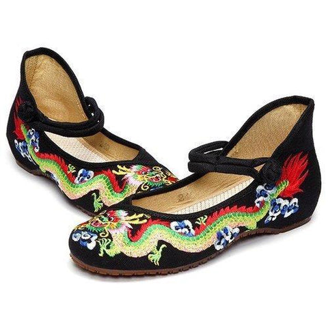 Vintage National Wind Chinese Embroidered Dragon Mary Janes Flat Shoes