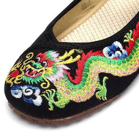 Vintage National Wind Chinese Embroidered Dragon Mary Janes Flat Shoes