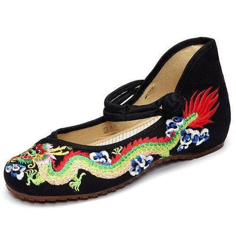 Vintage National Wind Chinese Embroidered Dragon Mary Janes Flat Shoes