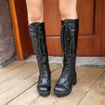 Knee High Pure Color Lace Up Square Heel Boots