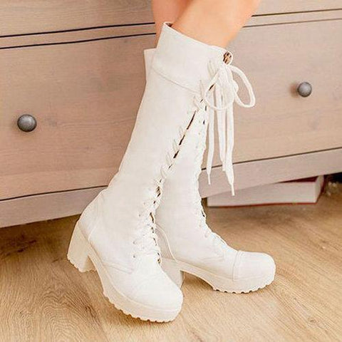 Knee High Pure Color Lace Up Square Heel Boots