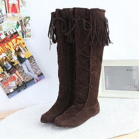 Big Size Tassel Lace Up Knee High Flat Boots