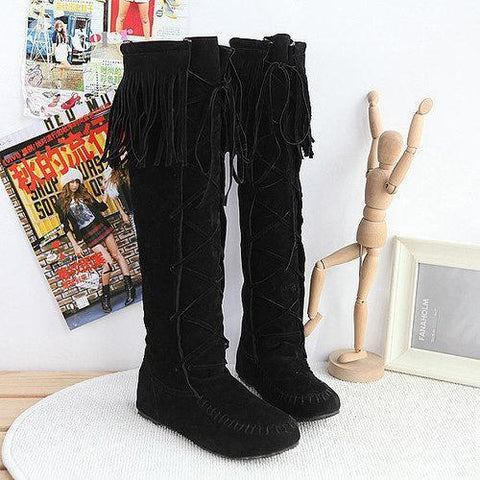 Big Size Tassel Lace Up Knee High Flat Boots