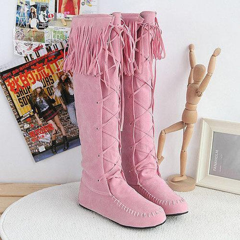 Big Size Tassel Lace Up Knee High Flat Boots