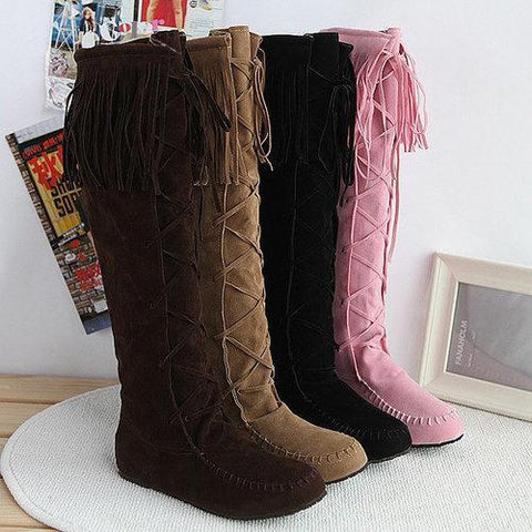 Big Size Tassel Lace Up Knee High Flat Boots