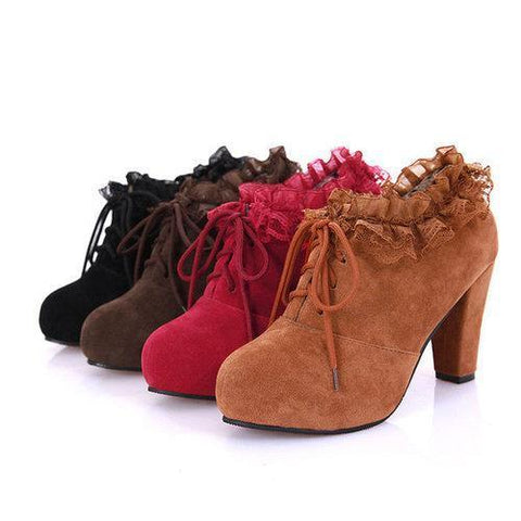 Lace Pointed Toe Lace Up High Heel Ankle Shoes