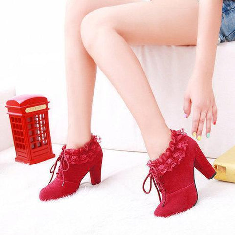 Lace Pointed Toe Lace Up High Heel Ankle Shoes