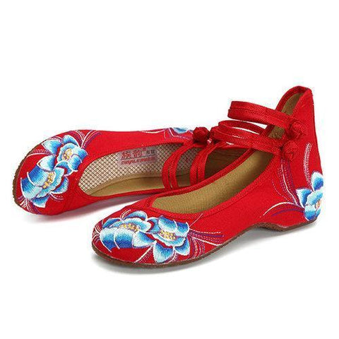 Heel Increasing Flower Flat Slip On Embroidery National Wind Shoes