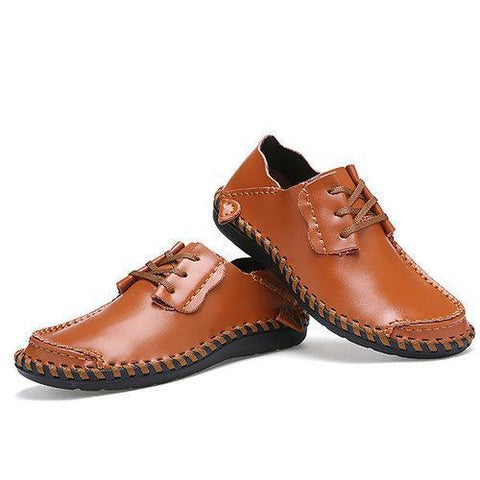 Men Leather Lace Up Flat Weave Casual Soft Shoes