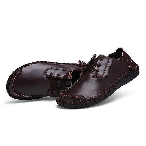 Men Leather Lace Up Flat Weave Casual Soft Shoes