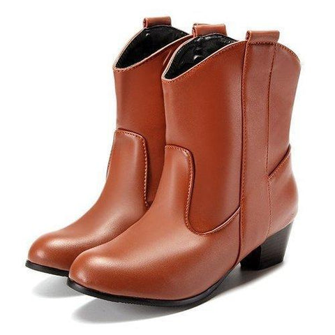 Big Size Pointed Toe Pu Slip On Ankle Square Heel Boots