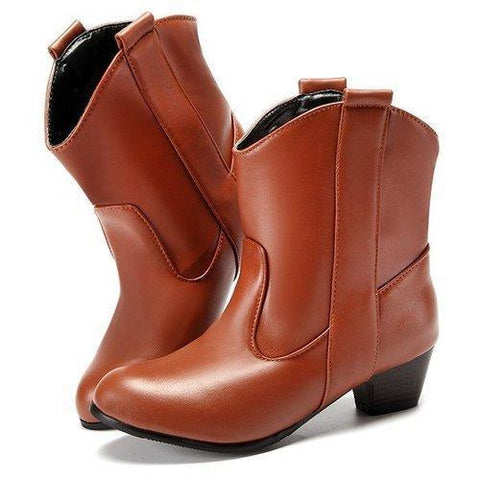 Big Size Pointed Toe Pu Slip On Ankle Square Heel Boots