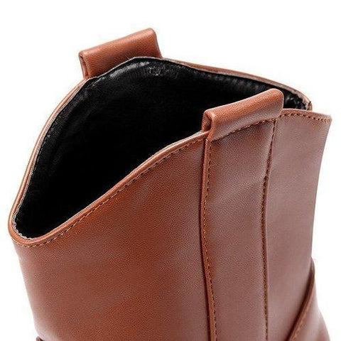 Big Size Pointed Toe Pu Slip On Ankle Square Heel Boots