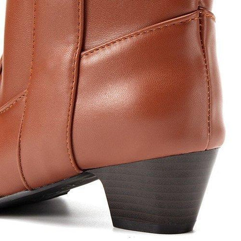 Big Size Pointed Toe Pu Slip On Ankle Square Heel Boots