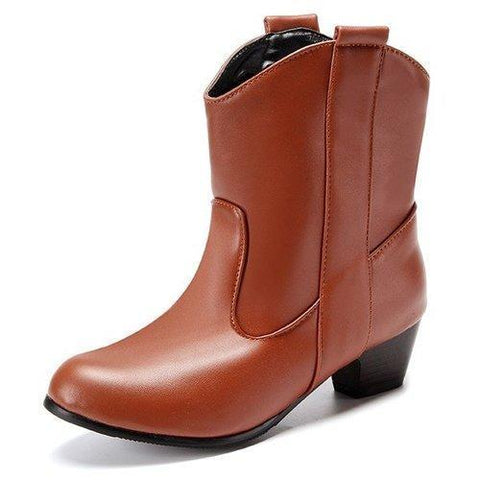 Big Size Pointed Toe Pu Slip On Ankle Square Heel Boots