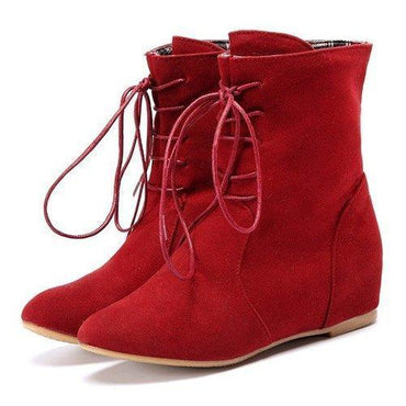 Heel Increasing Lace Up Pure Color Mid Calf Flat Boots