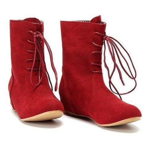 Heel Increasing Lace Up Pure Color Mid Calf Flat Boots