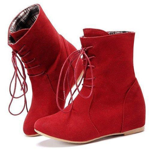 Heel Increasing Lace Up Pure Color Mid Calf Flat Boots