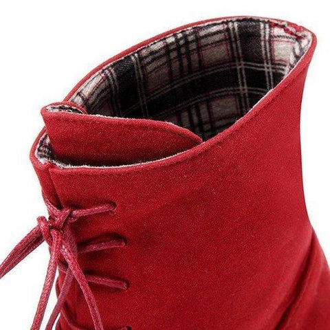 Heel Increasing Lace Up Pure Color Mid Calf Flat Boots