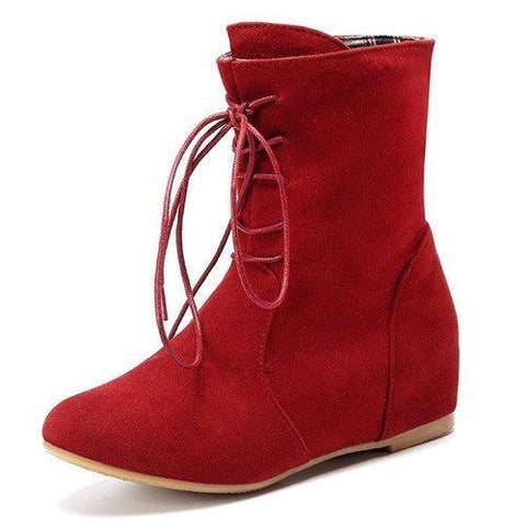 Heel Increasing Lace Up Pure Color Mid Calf Flat Boots