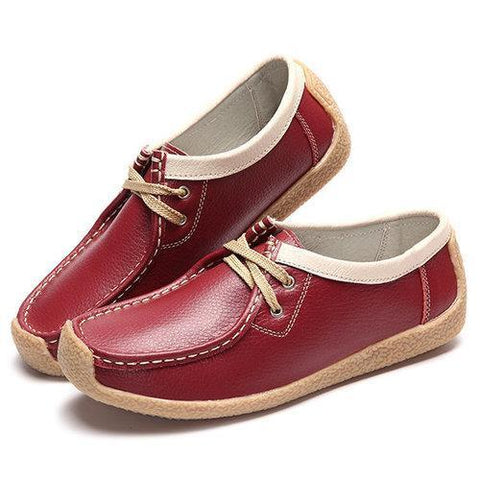 Leather Lace Up Leather Color Match Soft Casual Flat Loafers