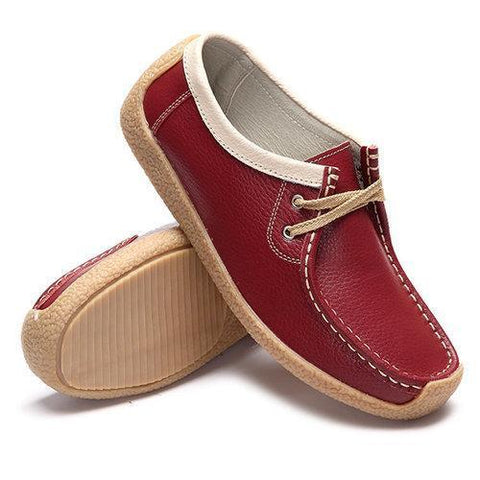 Leather Lace Up Leather Color Match Soft Casual Flat Loafers