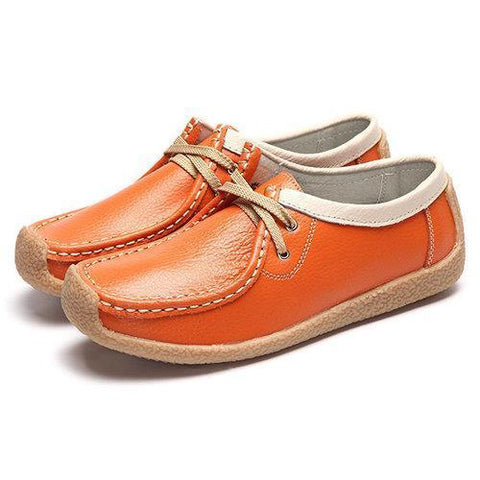 Leather Lace Up Leather Color Match Soft Casual Flat Loafers