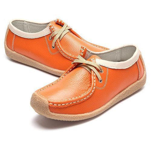 Leather Lace Up Leather Color Match Soft Casual Flat Loafers