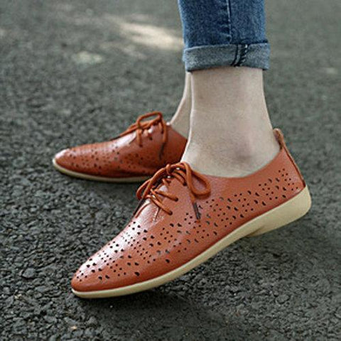 Ladies Flat Shoes Hollow Out Casual Shoes Women Soft Lace Up Loafers