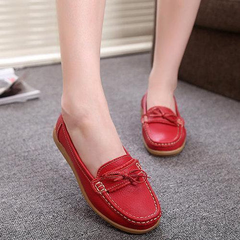 Bowknot Slip On Leather Soft Flat Casual Lazy Loafers