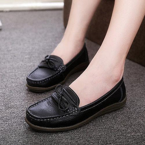 Bowknot Slip On Leather Soft Flat Casual Lazy Loafers