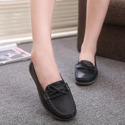 Bowknot Slip On Leather Soft Flat Casual Lazy Loafers