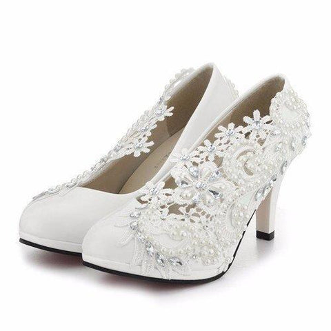 8cm Lace Flower Bead White Bridal Kitten Heel Wedding Shoes