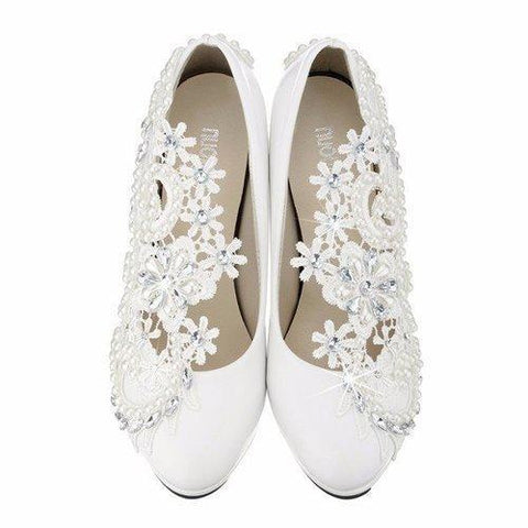 8cm Lace Flower Bead White Bridal Kitten Heel Wedding Shoes