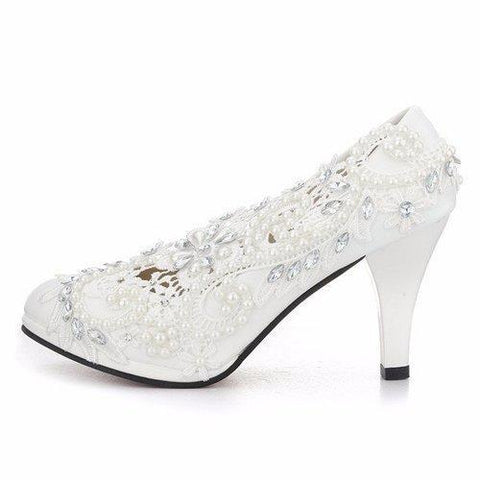 8cm Lace Flower Bead White Bridal Kitten Heel Wedding Shoes