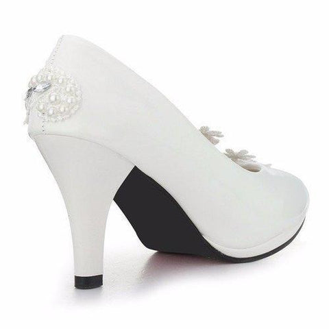 8cm Lace Flower Bead White Bridal Kitten Heel Wedding Shoes