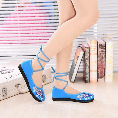 Butterfly Lace Up Strappy Bandage Flat Vintage Embroidery Flat Shoes