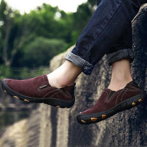 Men Hiking Shoes Soft Leather Slip On Outdoor Sneakers