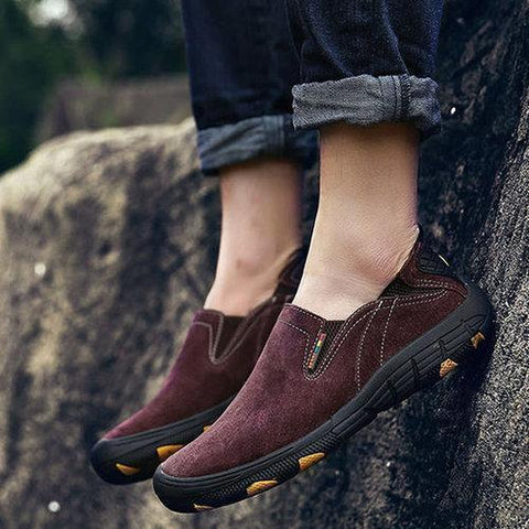 Men Hiking Shoes Soft Leather Slip On Outdoor Sneakers