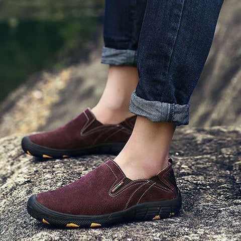 Men Hiking Shoes Soft Leather Slip On Outdoor Sneakers