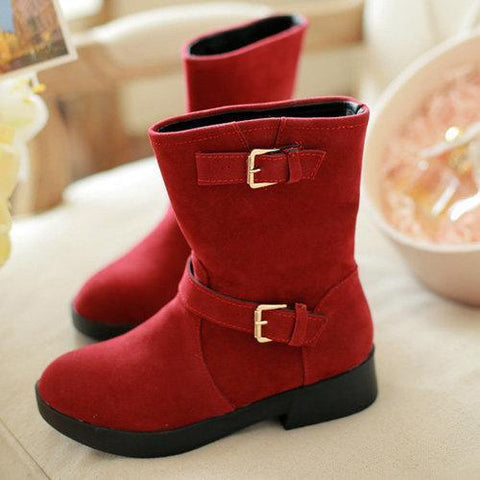 Double Buckle Mif Calf Pure Color Flat Boots For Women