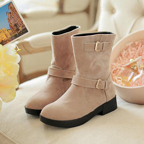 Double Buckle Mif Calf Pure Color Flat Boots For Women