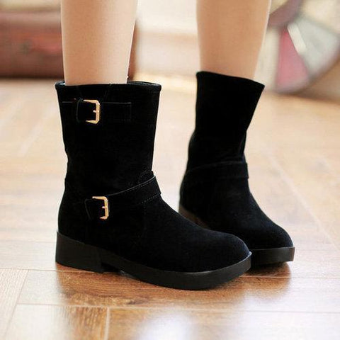 Double Buckle Mif Calf Pure Color Flat Boots For Women