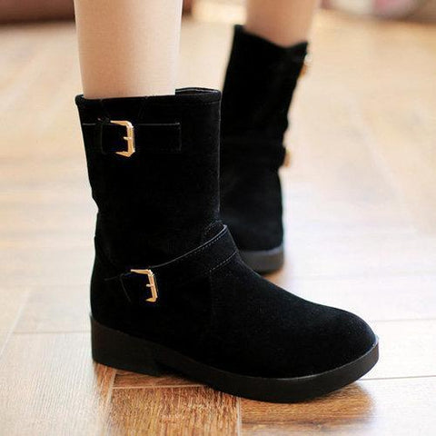 Double Buckle Mif Calf Pure Color Flat Boots For Women