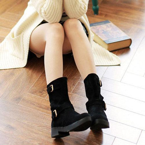 Double Buckle Mif Calf Pure Color Flat Boots For Women