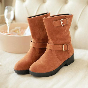 Double Buckle Mif Calf Pure Color Flat Boots For Women