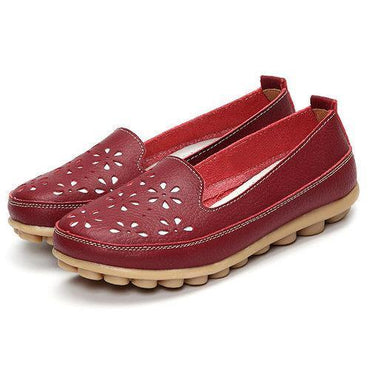 Big Size Soft Brethable Leather Floral Hollow Out Slip On Flat Loafers