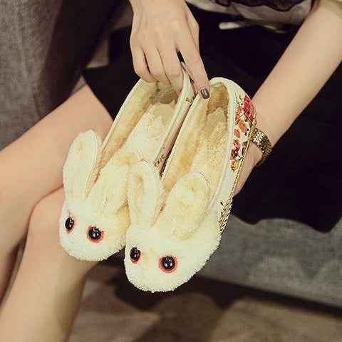 Bunny Red Eyes Ears Fur Lining Floral Print Cute Flat Loafers