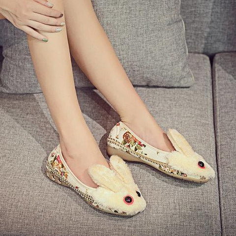 Bunny Red Eyes Ears Fur Lining Floral Print Cute Flat Loafers